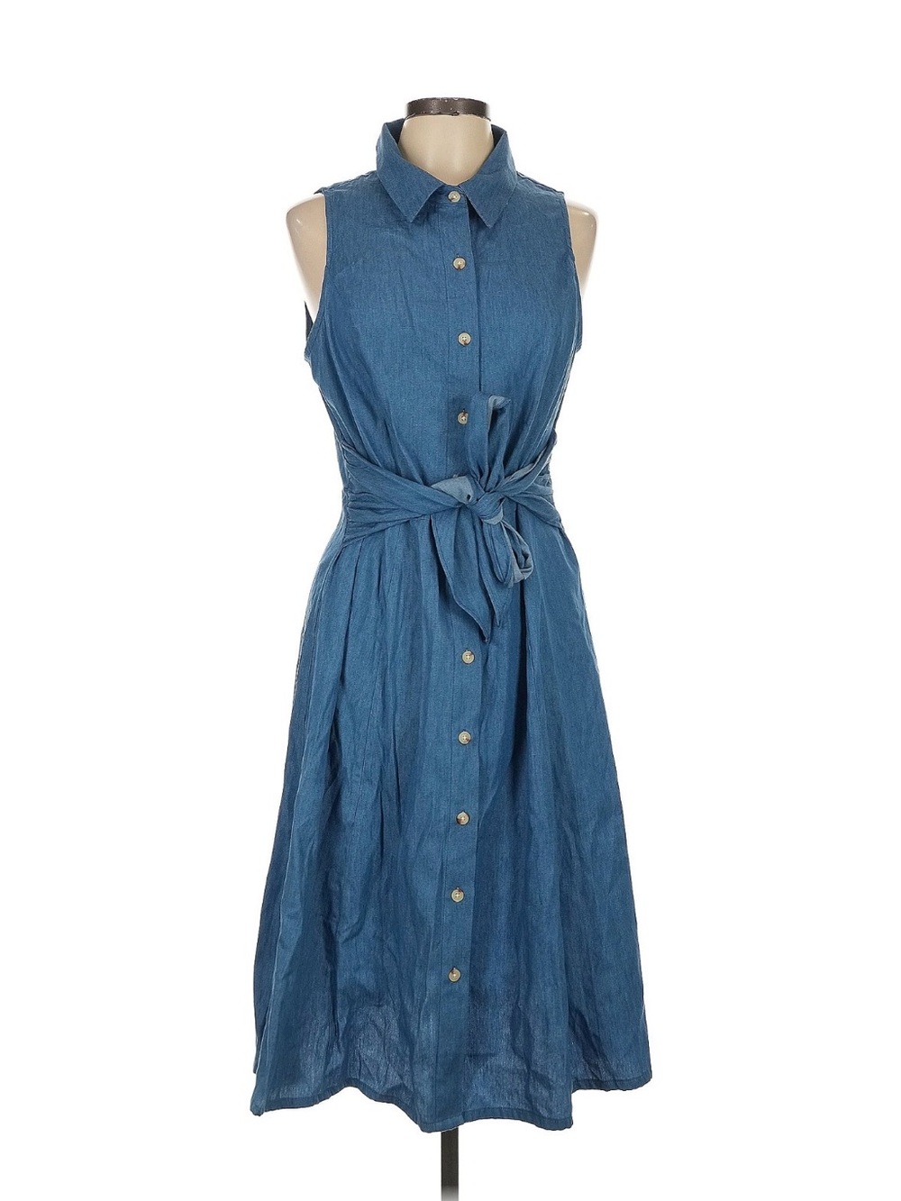 Sz 12 90s Style Sleeveless Blue Denim Button-Front Tie-Waist Shirt Dress